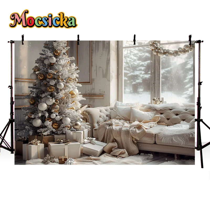 Mocsicka Winter Photography Background Christmas New Year Party Xmas Tree Sofa Window View Backdrop Family Portrait Photo Banner