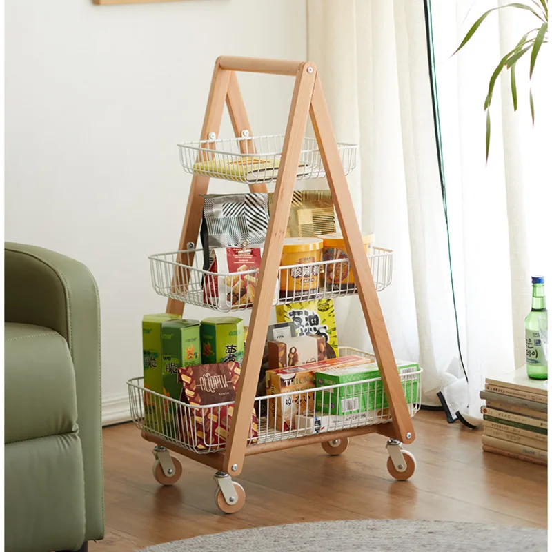 

Solid Wood Multilayer Snack Rack Living Room Mobile Organize Shelf Multifunctional Kitchen Cart Versatile Scene Vegetable Basket