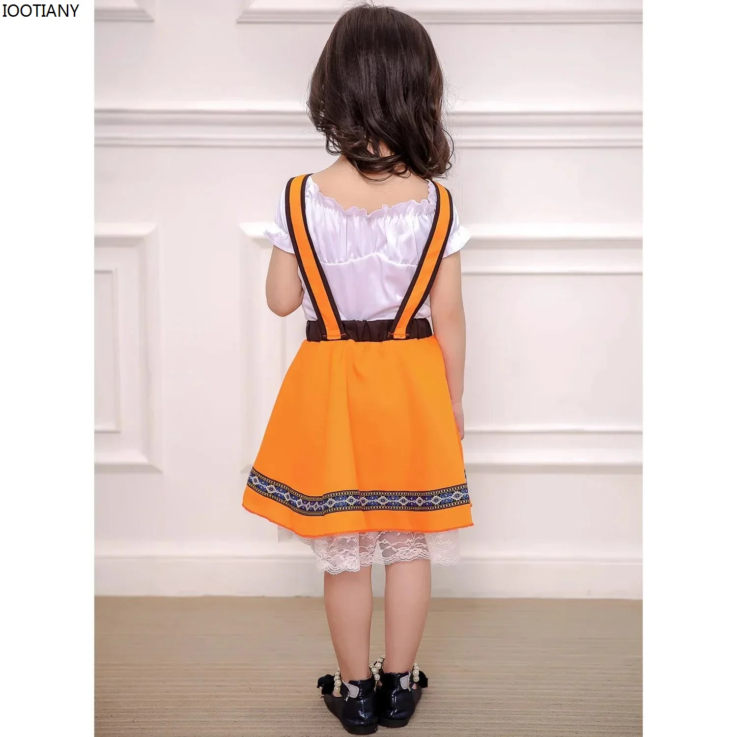 IOOTIANY German Munich Oktoberfest Girl National Costume Boys Orange Suspender Printed Skirt Costumes Carnival Cosplay Party Set