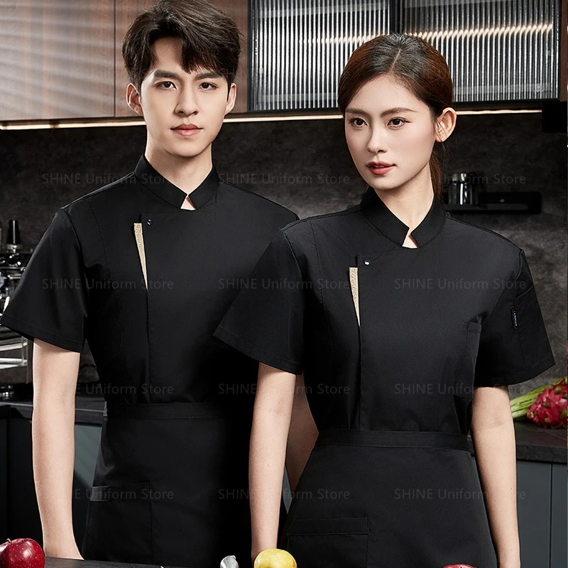 Restaurant respirant Chef manteau noir Chef uniforme tablier Chef shorts été hommes cuisine à manches courtes veste vêtements de travail logo