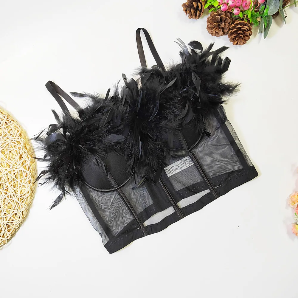 A852 Dropship ropa de moda para niñas ropa de plumas dulce memoria uso especial mujeres sexis malla sin tirantes corsé corto exterior