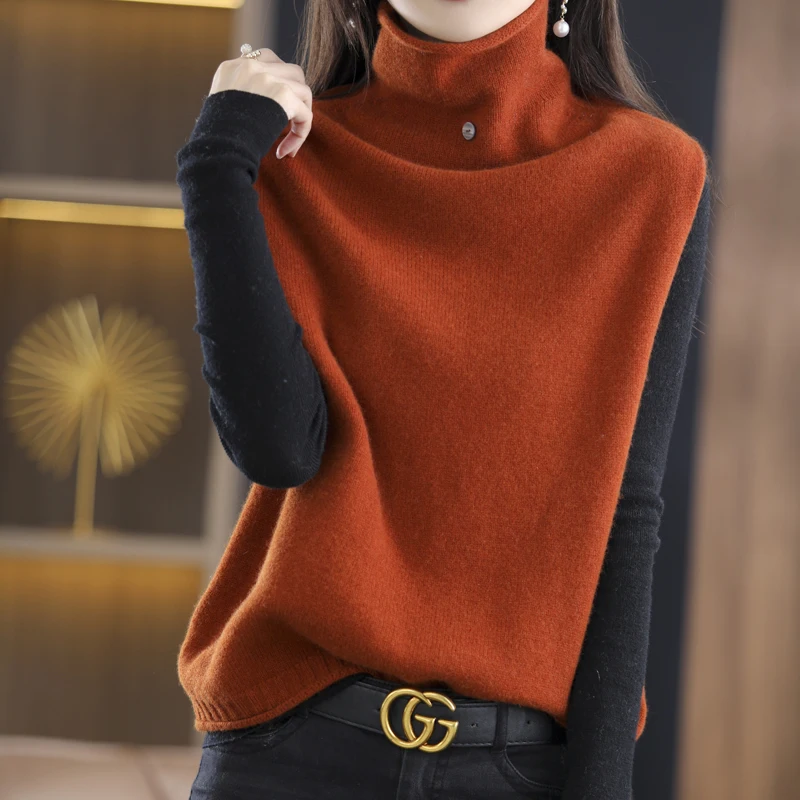 Hot Sale 2023 Autumn and winter Women\'s High Collar Chic Pullover 100% Pure Wool Vest Sleeveless Fashion Loose Warm Knit Sweater