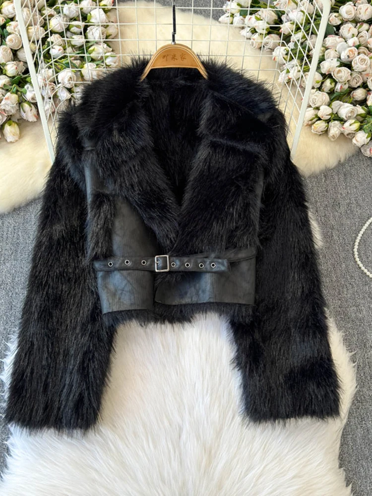 EWQ Temperament Double-faced Fur Coat Women's 2024 Winter New Big Lapel Collar Long Sleeves Contrast Color Jackets 27X1684