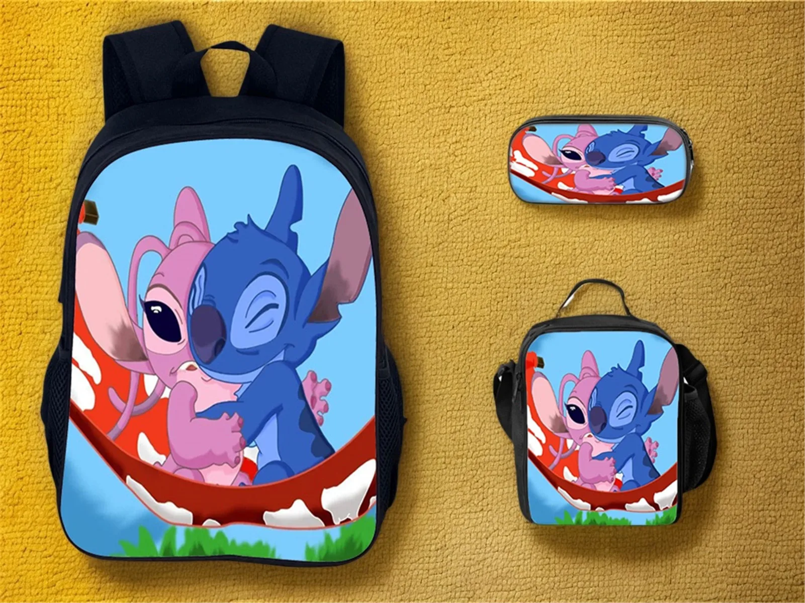 

Stitch Lightweight Rucksack and Pen Box,Insulated Lunch Bag 3Pcs Set-Kid Boy Cartoon Backpack for School