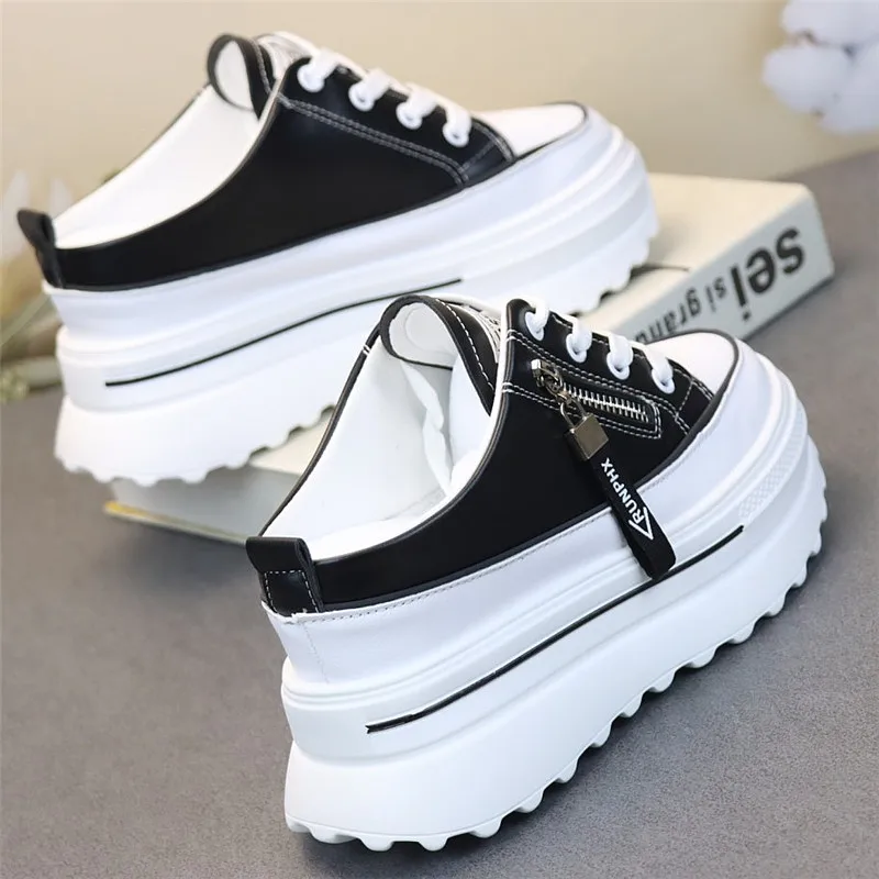 Genuine Leather Women Slipper Summer Shoes Platform Wedge Beach Shoes Mule Leather Slip on Sneakers Sandals Shoes