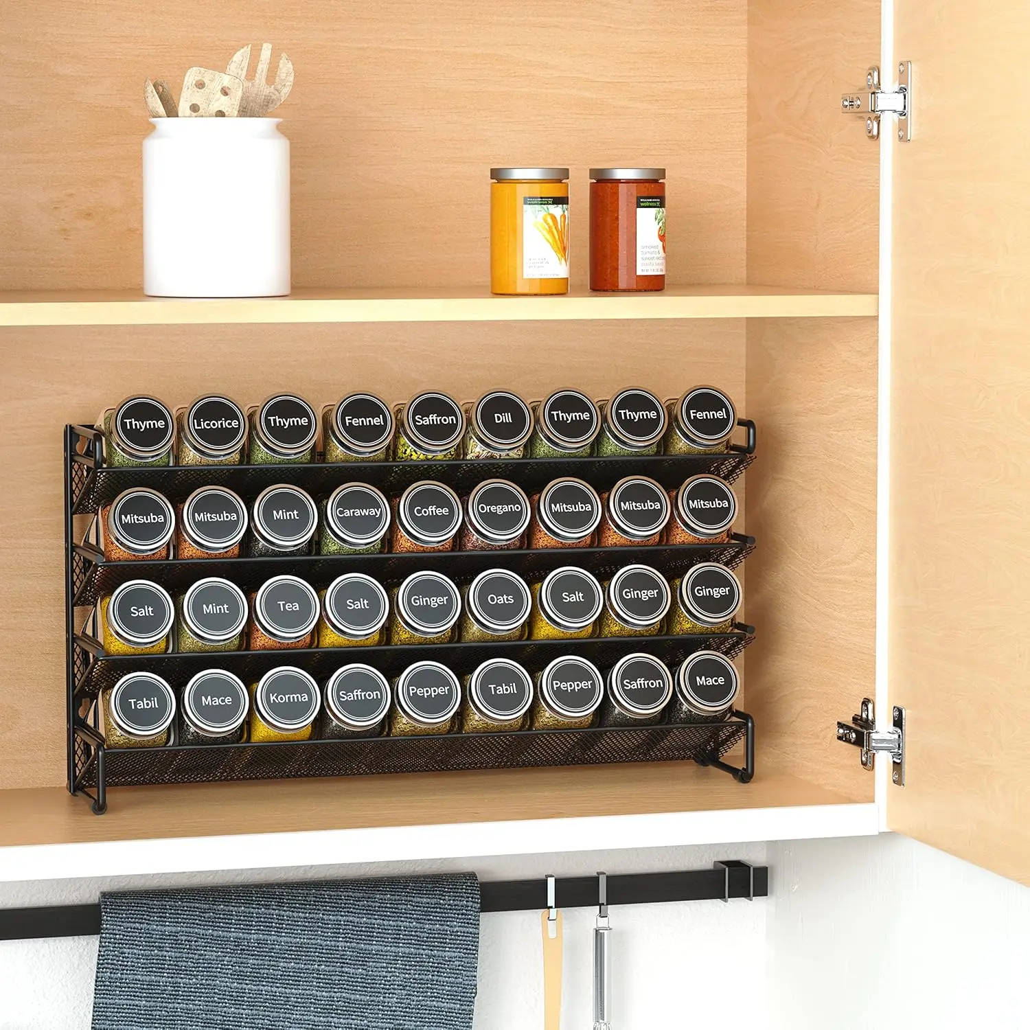 Spice Rack Organizer with 36 Spice Jars, 386 Spice Labels, Chalk Marker and Funnel Set for Cabinet, Countertop, Pantry