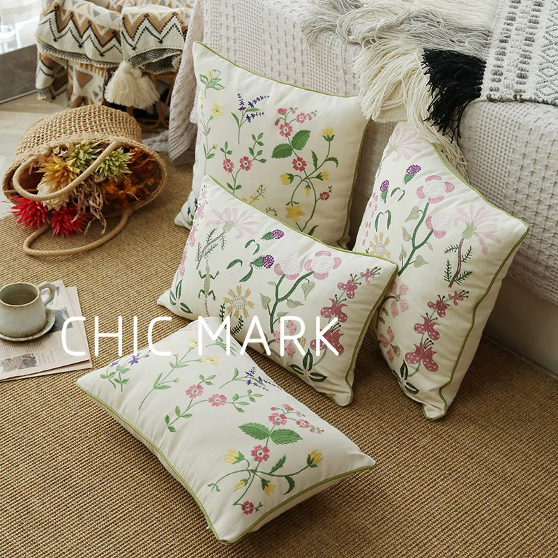 Embroidered Summer Decorative Cushion Cover Farmhouse Cottage Flowers Pattern Cotton Canvas Pillow Case For Sofa Living Room