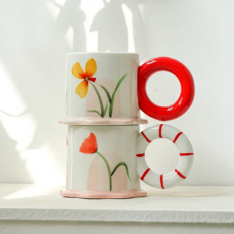 High-Temperature Firing Ceramic Coffee Mug Hand Drawn Underglaze Color Cute Drinkware High-Capacity 400ml Milk Afternoon Tea Cup