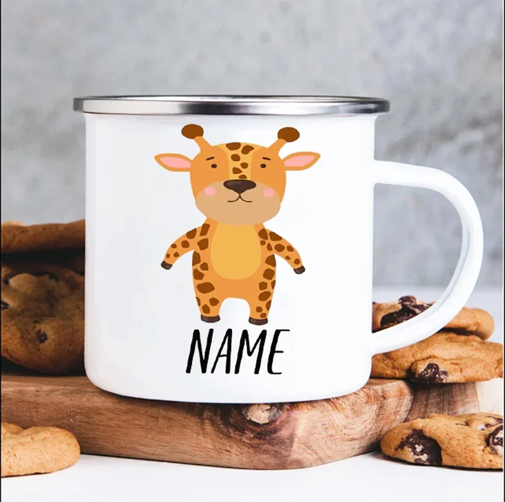 Personalized Camping Enamel Mug Cartoon Animal Print Cup Coffee Milk Cups Outdoor Custom Name Mug Unique Gifts for Children