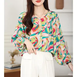 Women Clothing Fashion Hand-Painted Print Chiffon Shirt Spring Summer Casual Loose O-neck Lantern Sleeve Blouse Chic Button Tops