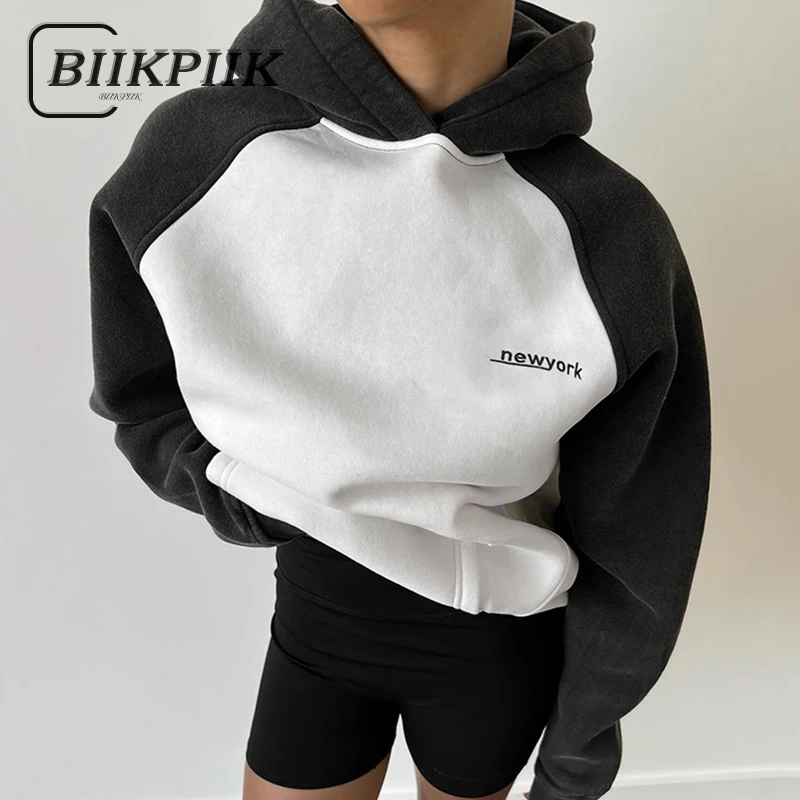 

BIIKPIIK Streetwear Contrast Color Raglan Hooded Hoodie Letter Long Sleeve Women Casual Sweatshirt Autumn Winter Loose Pullovers