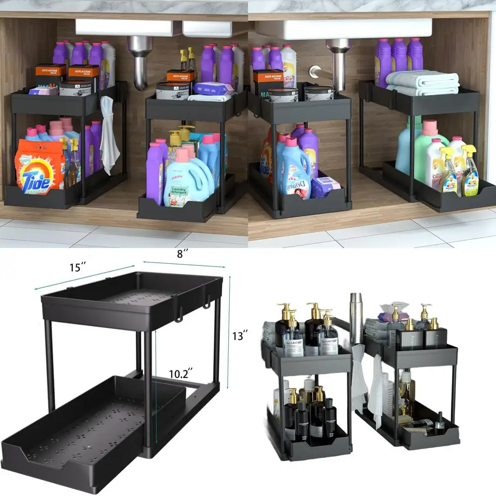 

Dual-Tier Bathroom Cabinet Organizers, 2-Pack Sliding Drawer Storage Baskets for Efficient Space Management in Black