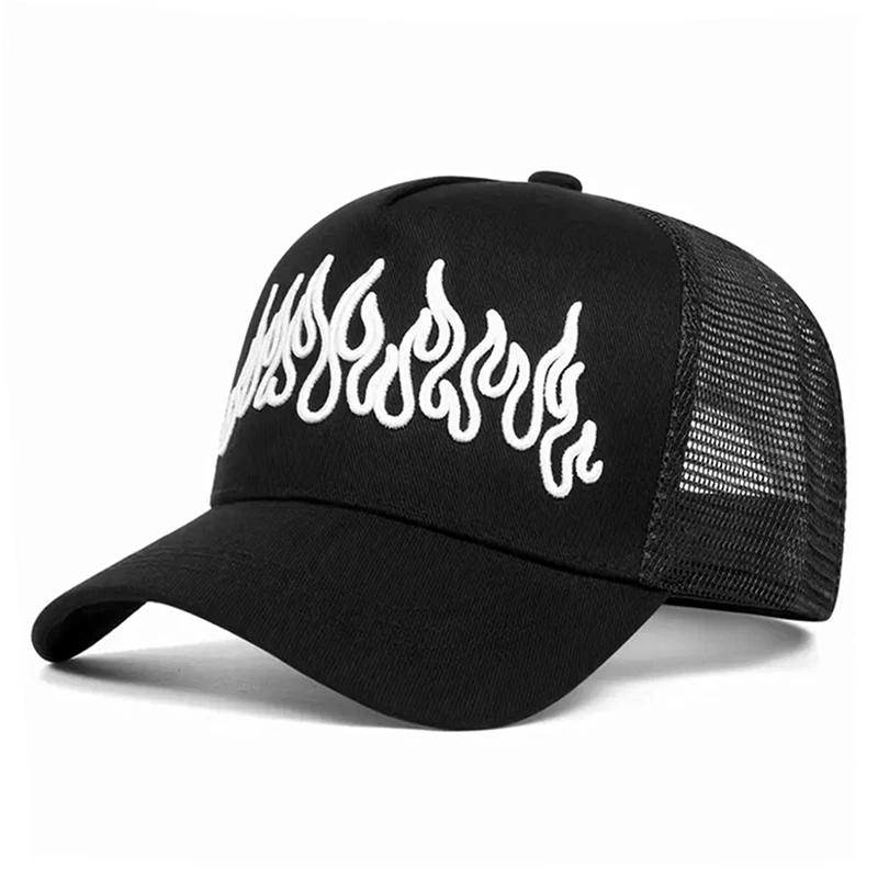 2026 New Mesh Hat Flame Embroidered HipHop Skateboarding Hat Outdoor Daily Commuting Decoration Sunshade Hat Unisex Baseball Hat