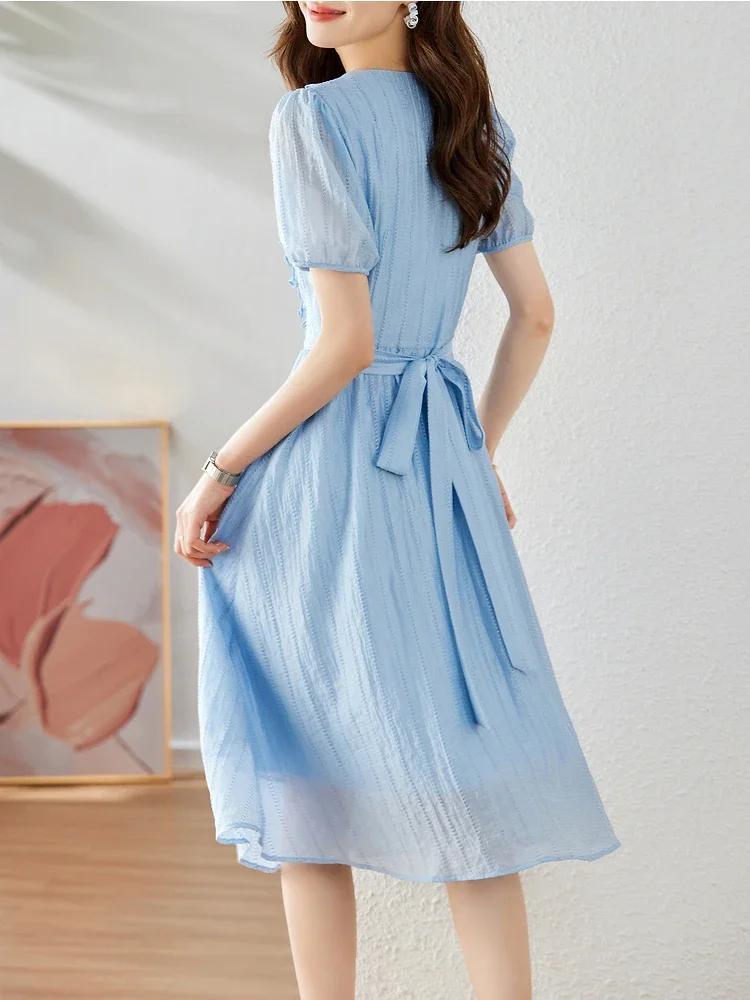 Vimly Vintage V-neck Blue Summer Dress for Women 2023 Lyocell Jacquard Short Sleeve A-line Button Down Elegant Shirt Dress M1362