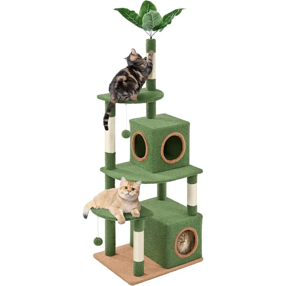 

Двухуровневая зеленая когтеточка с просторной платформой, 4 столбиками для царапания и шариками для котят, живущих в помещении