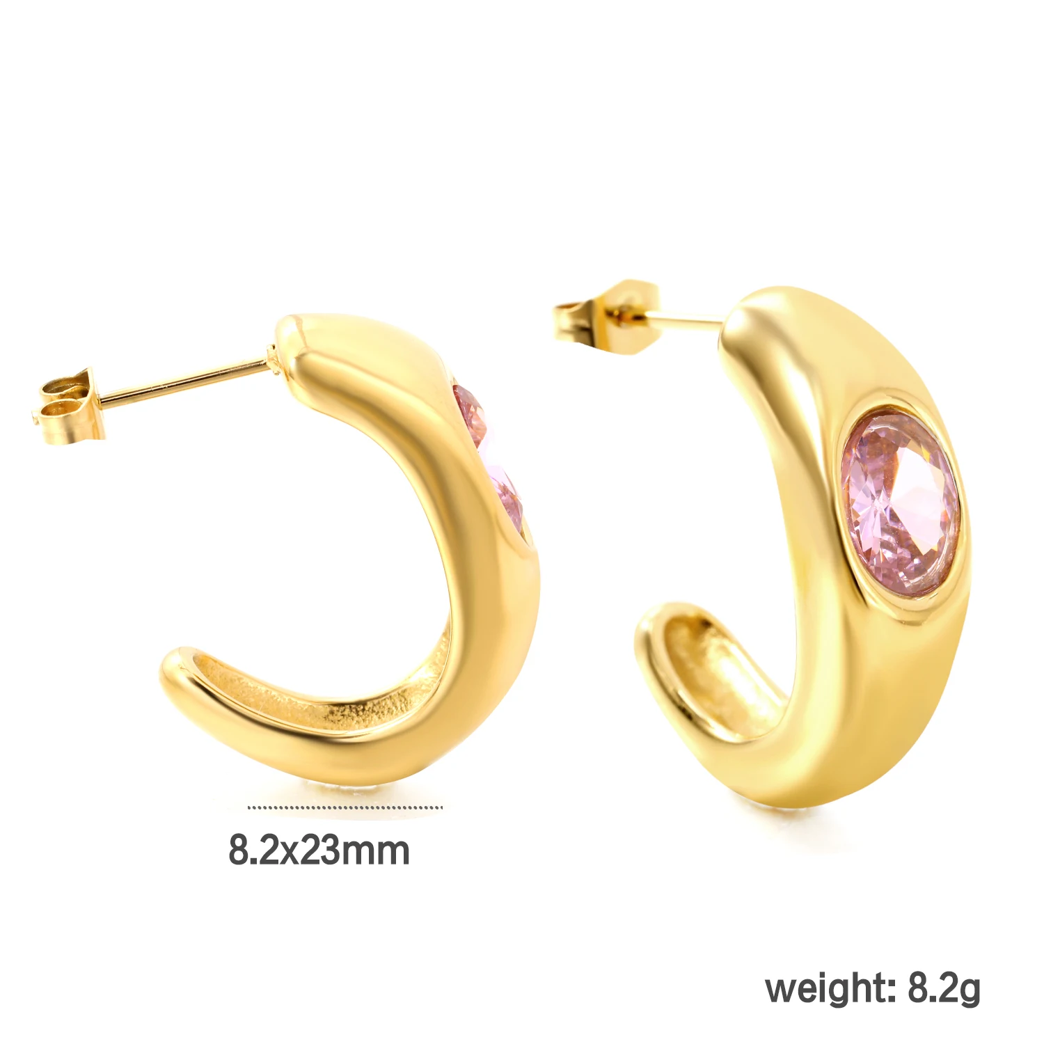 LUXUSTEEL Stainless Steel C Shape Stud Earrings Waterproof Jewelry Round Chunky Zirconia Jewelry Women Accessories Hoop Earrings