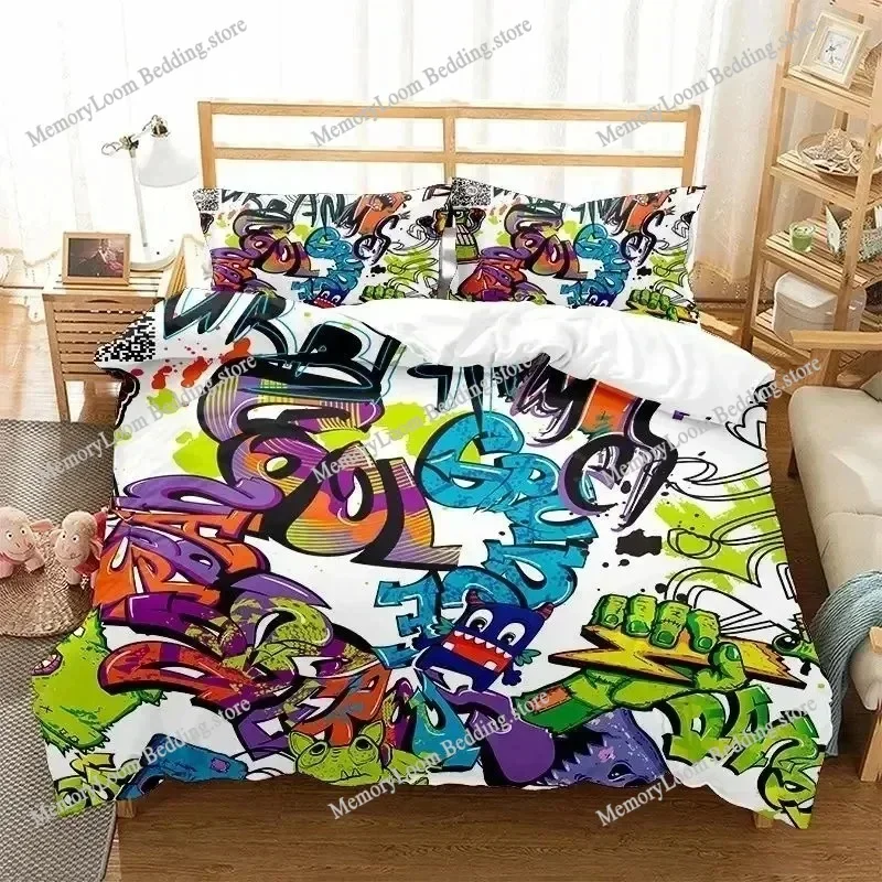 3D Hippie Graffiti Duvet Cover Set King Queen Size for Boys Youth Polyester Comforter Modern Street Art Bedspread Bedding Set