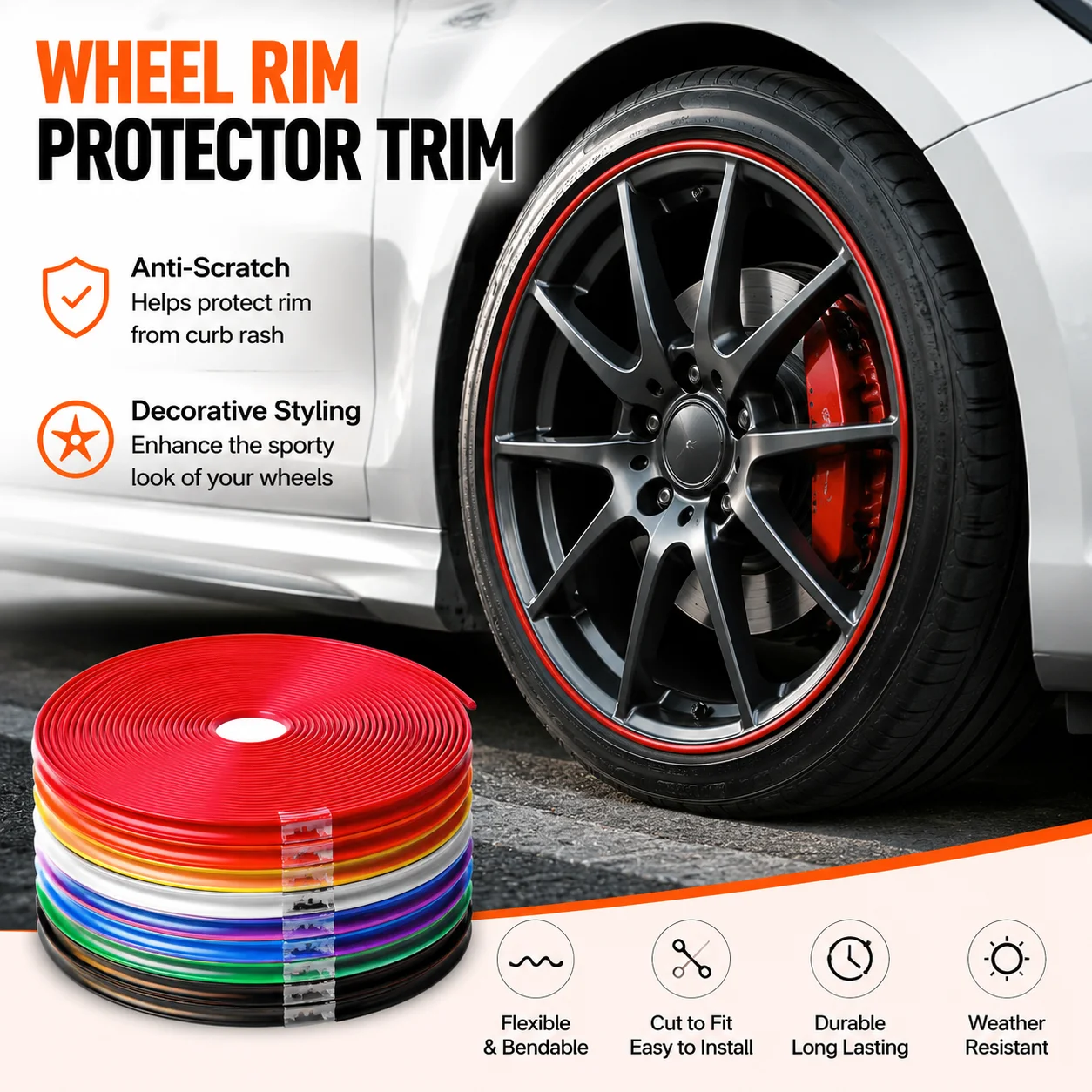 YONGRUN Anti Scratch Wheel Rim Protector Tape 8m Universal 13-22 Inch Flexible Styling Trim Cut to Fit for Rim Edge Protection