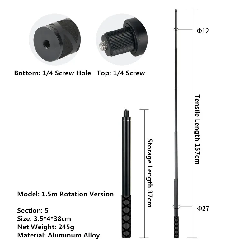 Unsichtbarer Selfie-Stick für GoPro 13 12 11 10 9 8 Insta360 X5 X4 X3 X2 1/4 Zoll verlängerter Einbeinstativstange für Sportkamera-Zubehör