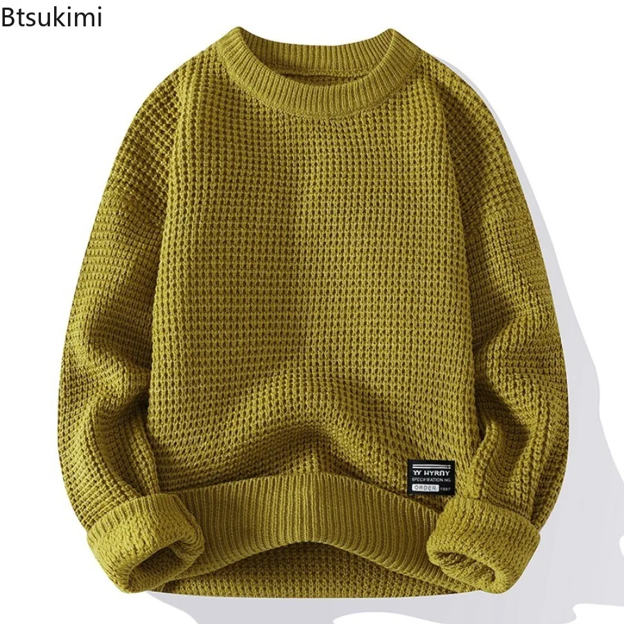 2025 Autumn Winter Men Pullovers Sweaters Knitted Top Round Neck Coarse Needle Full Sleeve Sweaters Solid Casual Loose Pullovers