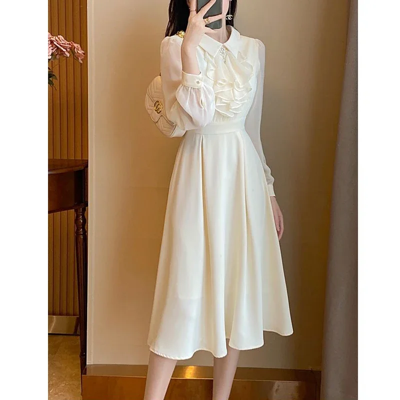 

Vintage Ruffles Bow Elegant Fairy Party Dresses for Women 2024 Autumn Fashion White High Waist Slim Commuter Midi Dress Vestidos