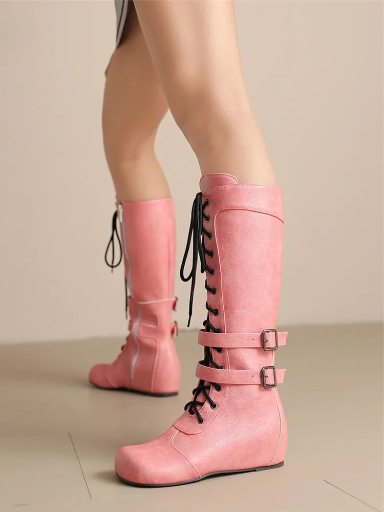 Nouvelle mode femmes bottes hautes à lacets hauteur interne chaussures Sexy avec boucle PU rétro boucle chaussures de luxe concepteur Size34-50