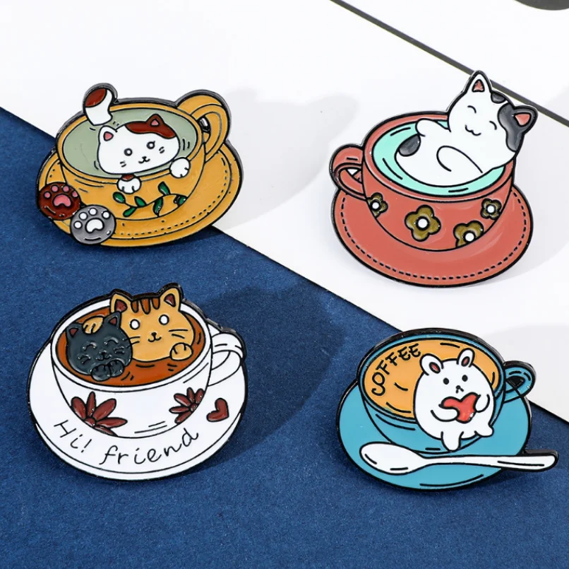 الإبداعية فنجان القهوة هريرة شارة القط تمرغ في حمام الماء نموذج الكرتون الحيوان دبوس ظهره الملابس سحر مجوهرات هدايا #5