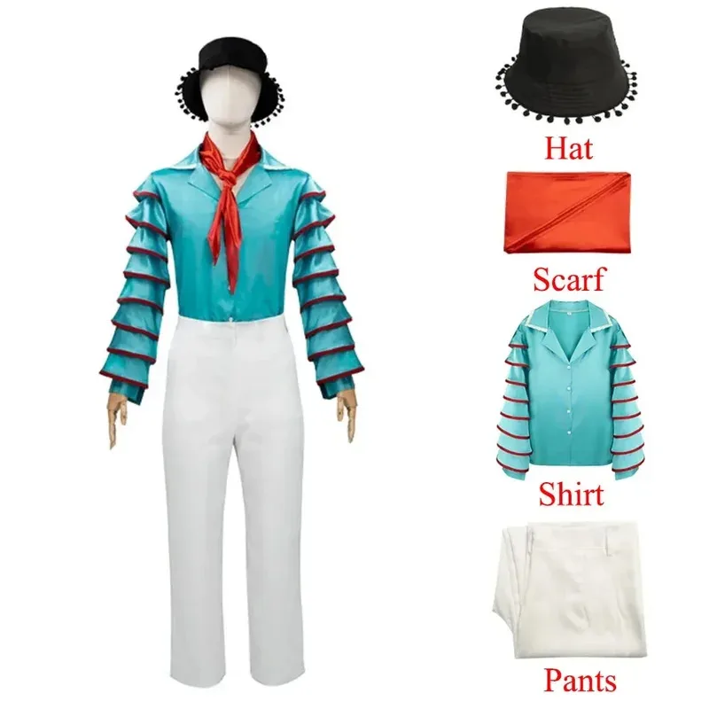 영화 마스크 아이피키스 코스프레 의상 파란색 셔츠 바지 모자 스카프 풀 세트 라 마스카라 역할 놀이 유니폼 슈트 할로윈 파티;3'v