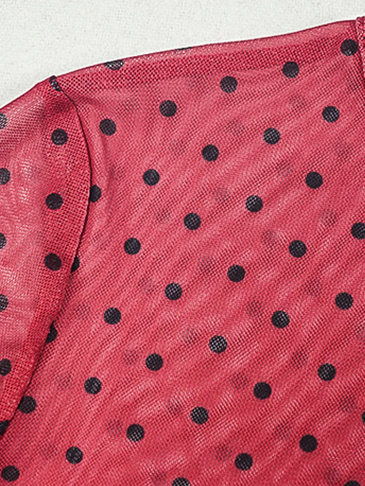 Beyprern Women's Red Polka Dot Sheer Mesh Ruched Maxi Dress Sexy Print Flare Sleeves Bodycon Evening Clubwear Gown