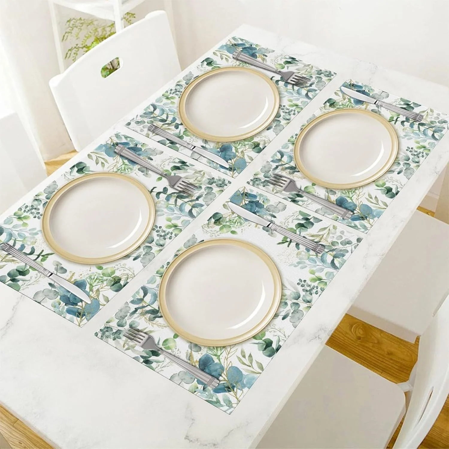 1pcs Eucalyptus Linen Placemats Seasonal Floral Blue Spring Summer Green Plants Coffee Table Mats for Party Kitchen Dining