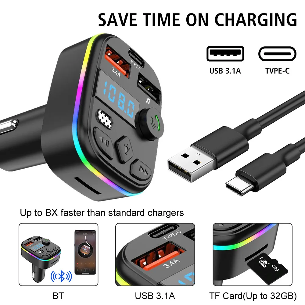 MP3 Charger Type-C Wireless Light PD Type-C Dual USB Ambient Player Car Tool Handsfree PD QC3.0 Bluetooth 5.0 Car FM Transmitter