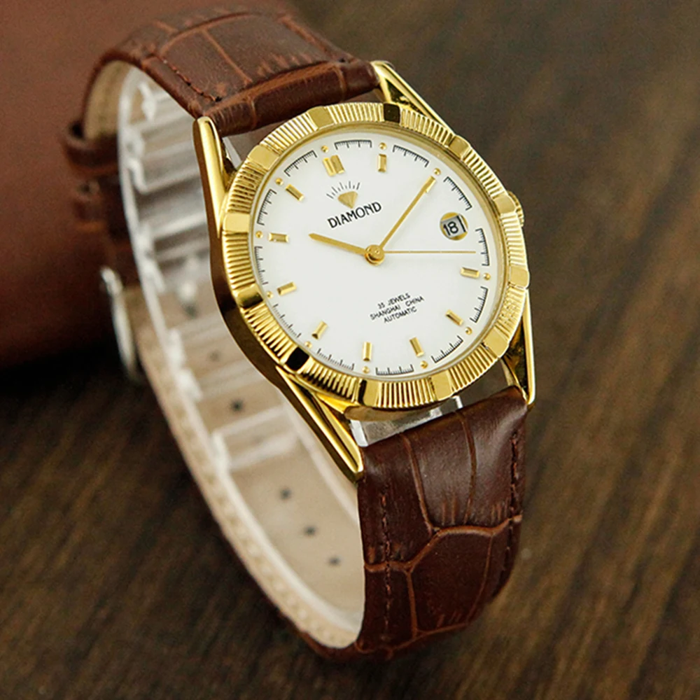 Shanghai Watch Men Vintage Automatic Mechanical Wristwatches Antique Diamond Brand 34mm Golden Watches Retro Self-wind Clocks