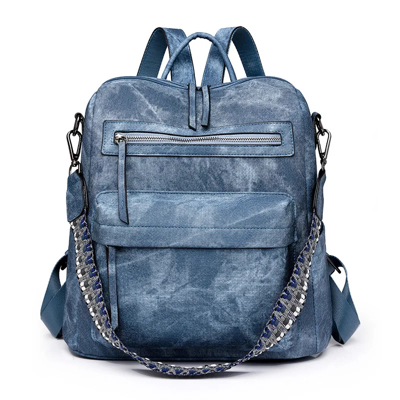 New Womens Washed Denim Convertible Backpack with Decorative Woven Strap Large Capacity Casual Travel Shoulder Bag