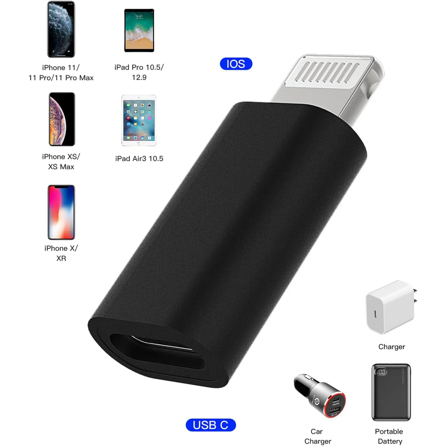 4 عبوات، أنثى متوافقة مع محول Lightning Male من النوع c، قابس شاحن الطاقة، موصل كابل الشحن المتوافق مع