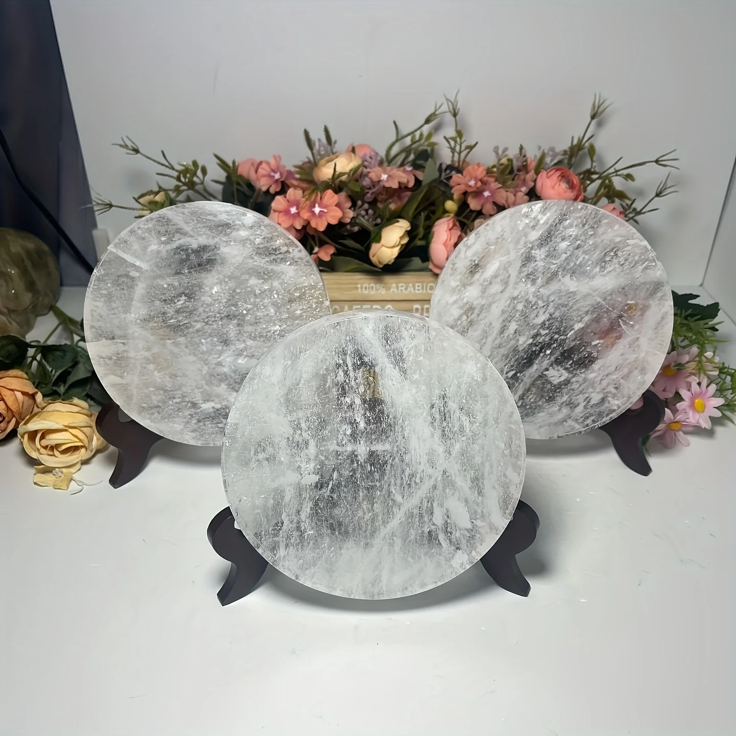 

1pc Clear Quartz Crystal Slice Coaster - Bohemian-Style Round Base for Home/Office Decor, Meditation Altar, Holiday Gift