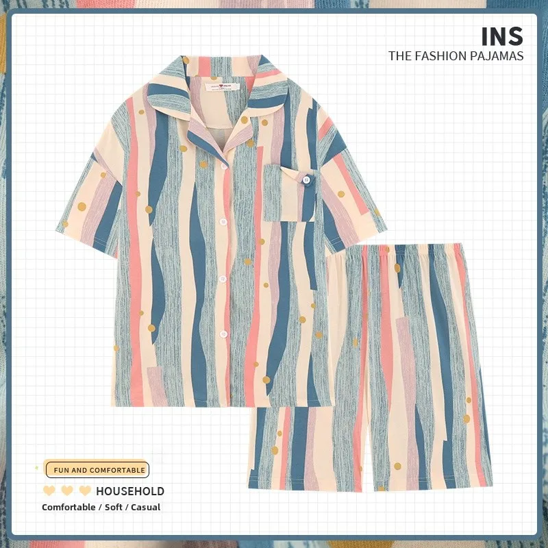 

Summer Pure Cotton Sleepwear Women's Short Sleeve Shorts Home Clothes Floral Stripe Pattern Comfortable Soft Fabric Nightgown