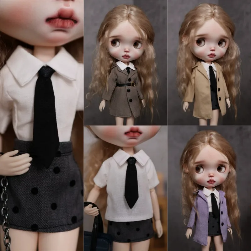 Weibliches Pendler-Outfit im Maßstab 1:6, weißes Hemd, gepunkteter Rock, Mantel, Anzug, passend für Blythe OB24 Actionfiguren, Körperkleidung, Modell – Detail 1