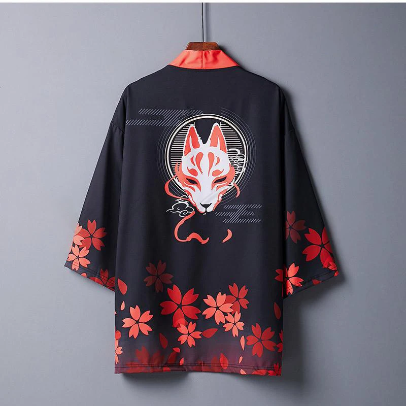 Kimono Japanese Kimono Yukata Co-ed Haori Obi Beach Fox Mask and White Dragon Print Cardigan Japanese Streetwear Jacket 2024