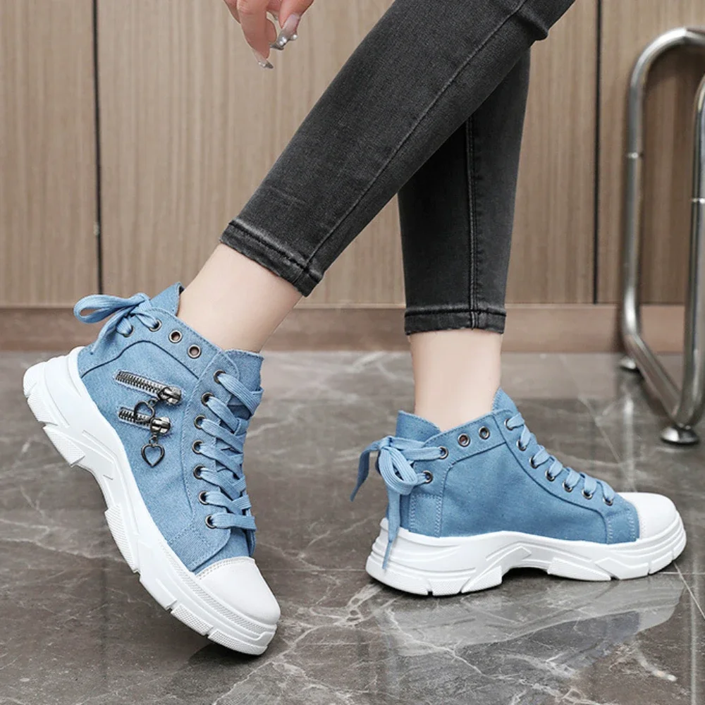 Vrouwen Sneakers Nieuwe Hoge Top Vrouwelijke Denim Canvas Loafers Vrouwen Schoenen Canvas Sneakers Veters Platform Schoenen Zapatillas De Deporte