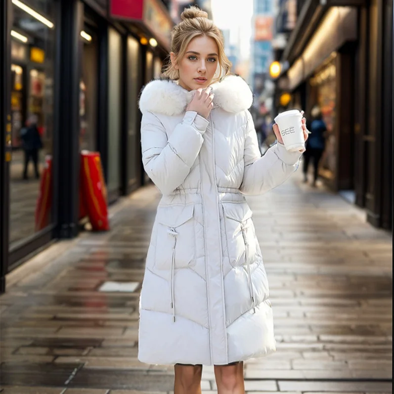 Chaqueta acolchada con cuello de piel grande para mujer, abrigo cálido con capucha de Color puro, Chaqueta de algodón con 2 bolsillos, ropa de invierno