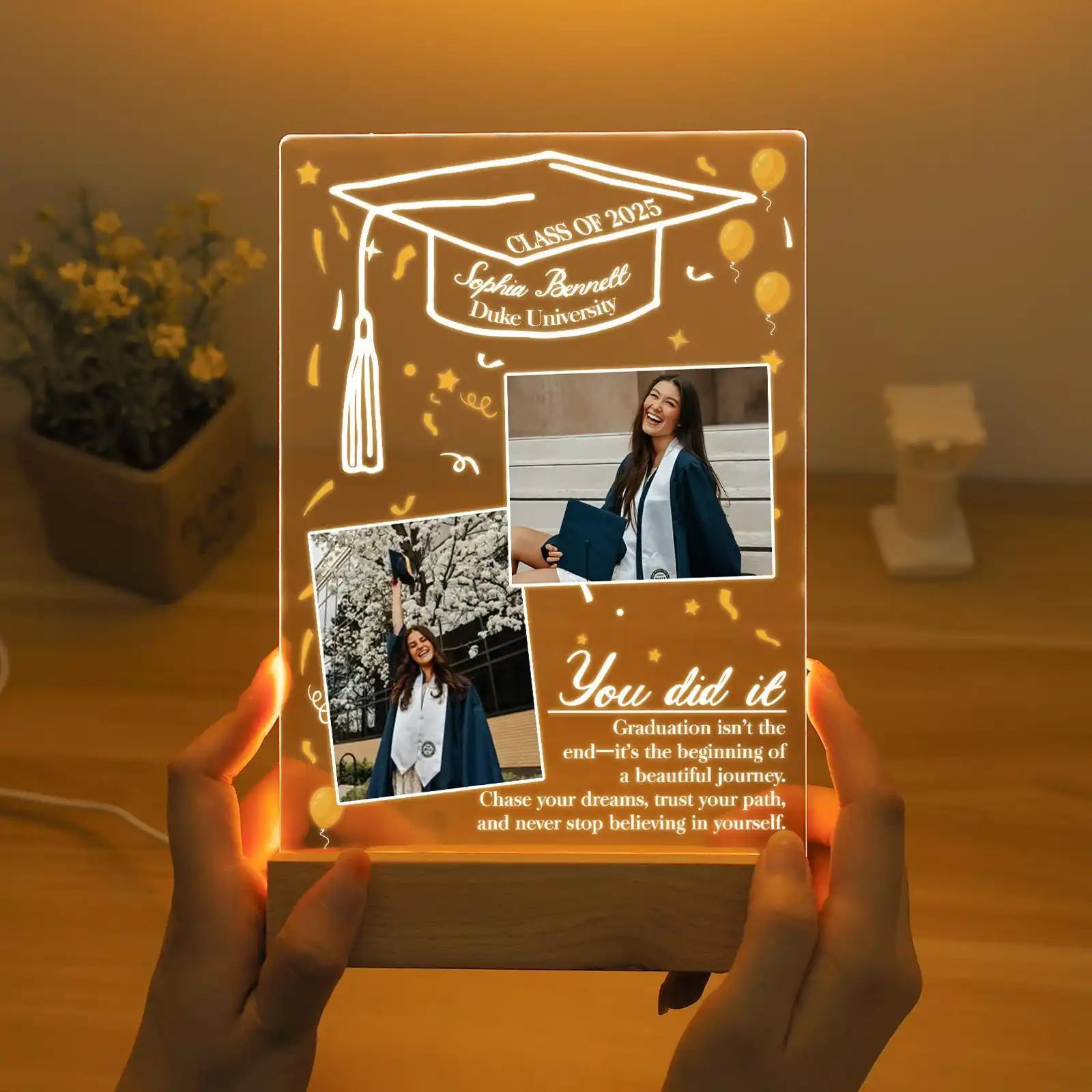 Lampe de chevet personnalisée avec cadre photo de diplôme et nom, Plaque LED en acrylique pour diplômé 2026, Cadeaux de fin d'études