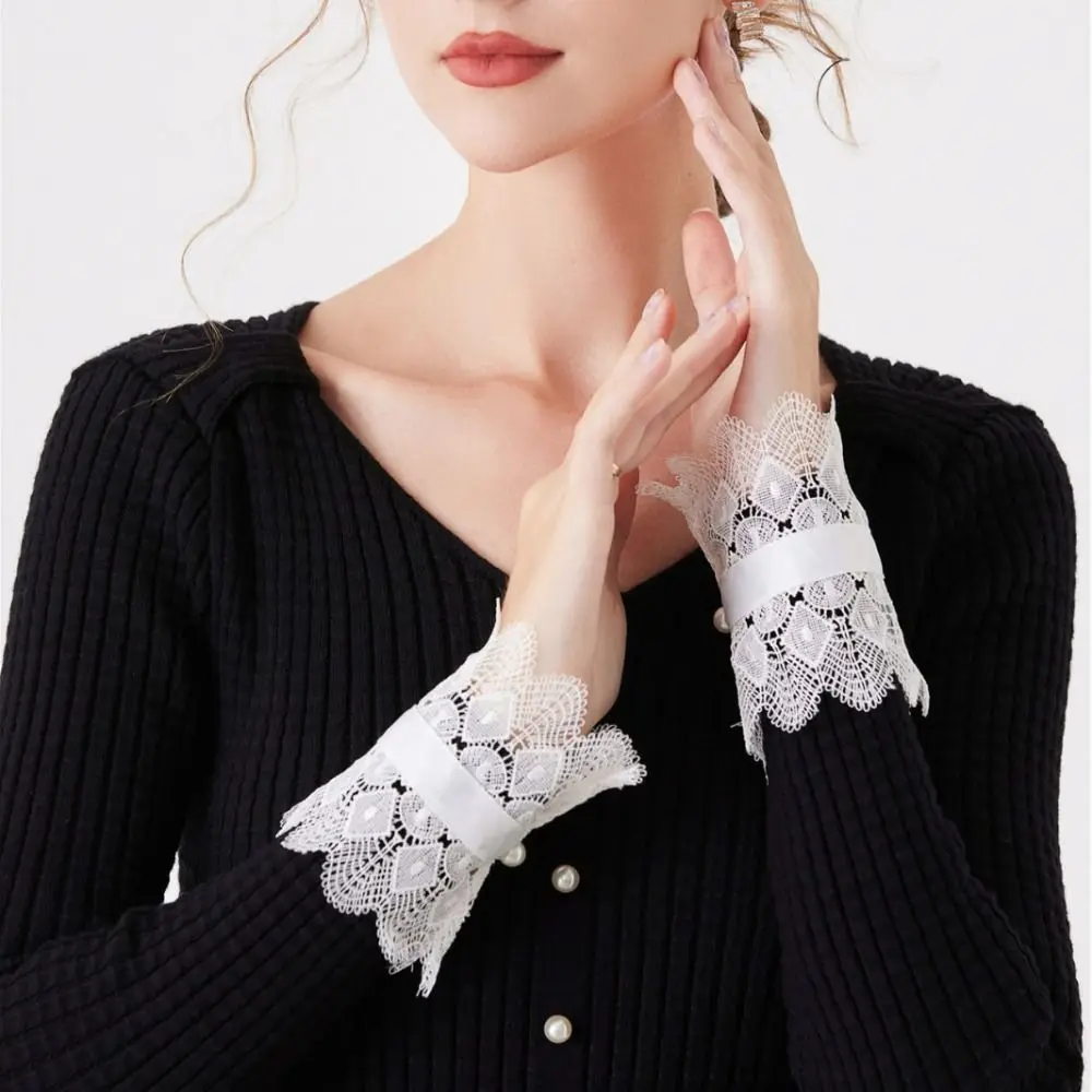 

Fashion Polyester Detachable Lace Sleeves Lace White Floral Embroidery Cuffs Fake Arm Sleeves Women