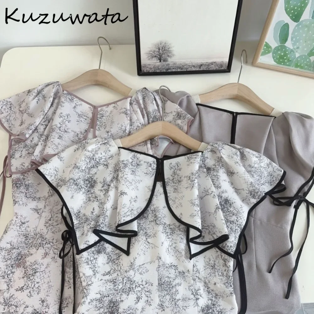 Kuzuwata Elegant Ruffled Sleeveless High Waist Robe Slim Fit Print Panelled Pullover Vestidos Japan New Casual Lace Up Dress