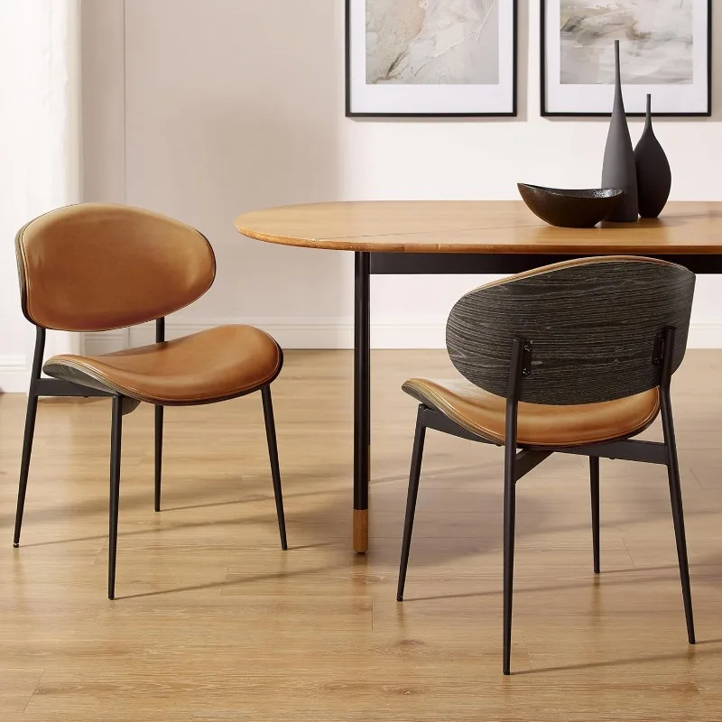 

Dining Chairs, Set of 2, Grey Oak Bentwood, Mid Century Modern Chair, Orange Faux Leather Kitchen Dining Room Chairs, A