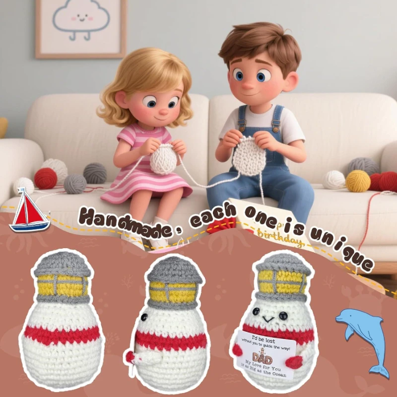 Nautical Beacon Theme Hand Crocheted Soft Yarn Lighthouse Doll Exquisite Cartoon Appearance Mini Ornament Bedroom Shelf Present