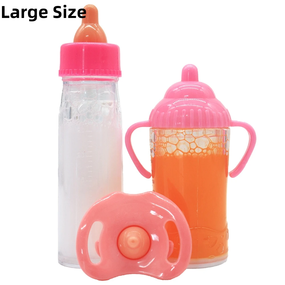 Botol susu boneka bayi ukuran besar, Set mainan perawatan bayi 2 buah botol susu dan jus dengan dot mainan untuk boneka bayi