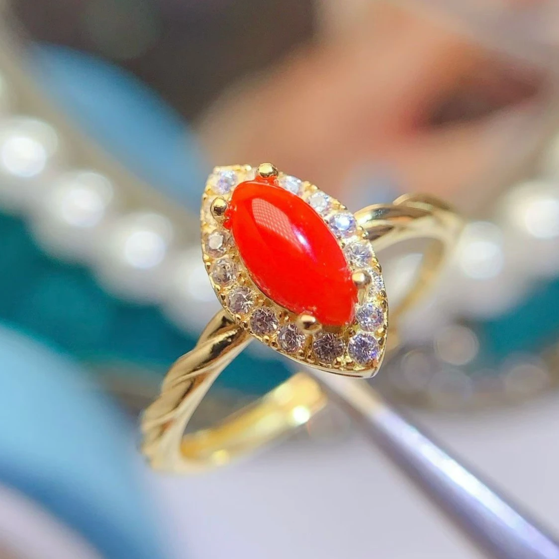 925 Sterling Silver Natural Red Coral Ring with certificate 8x4mm Marquise Cut Halo Twisted Band Fine Jewelry