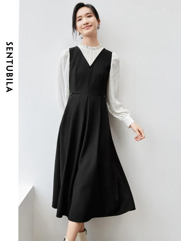 

SENTUBILA Patchwork Spliced 2 in1 Dress for Women 2025 Autumn Fashion Retract Waist Ruffled Stand Neck Pullover Dress 143L56681