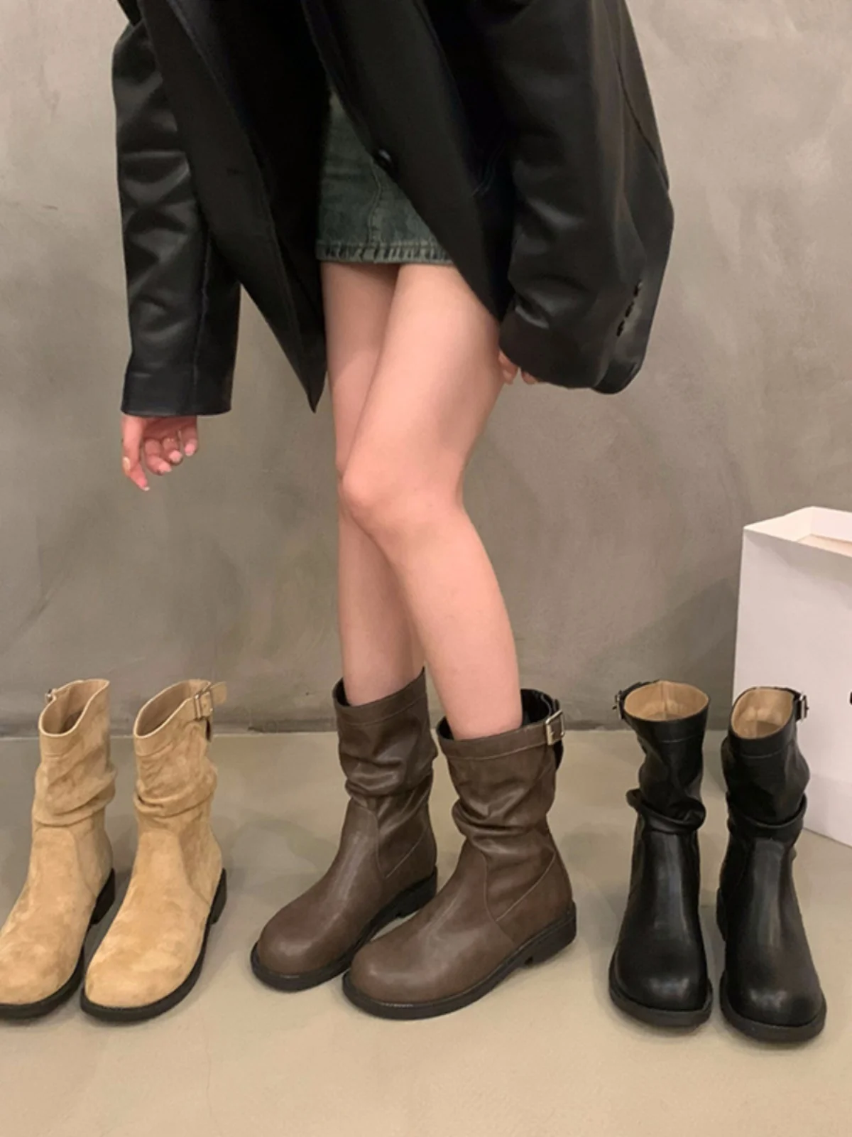 Super Hot! Korean Sle Booties Women's Pile Sle Boots 2024 New Arrival Fall and Winter Fleece-Lined Vintage round Head Mac...