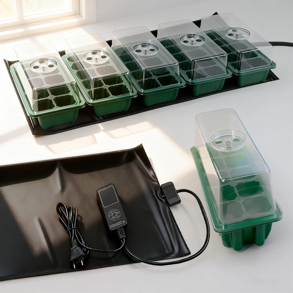 

35W Timed Heating Pad Warmer Heat Mat Nursery Trays Kit w/ 10 Cells Seedling Germination Box Indoor Garden Temperature Control